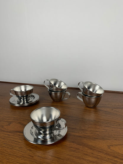 Set of 6 stainless steel coffee cups / saucers NPB Italy, 1980