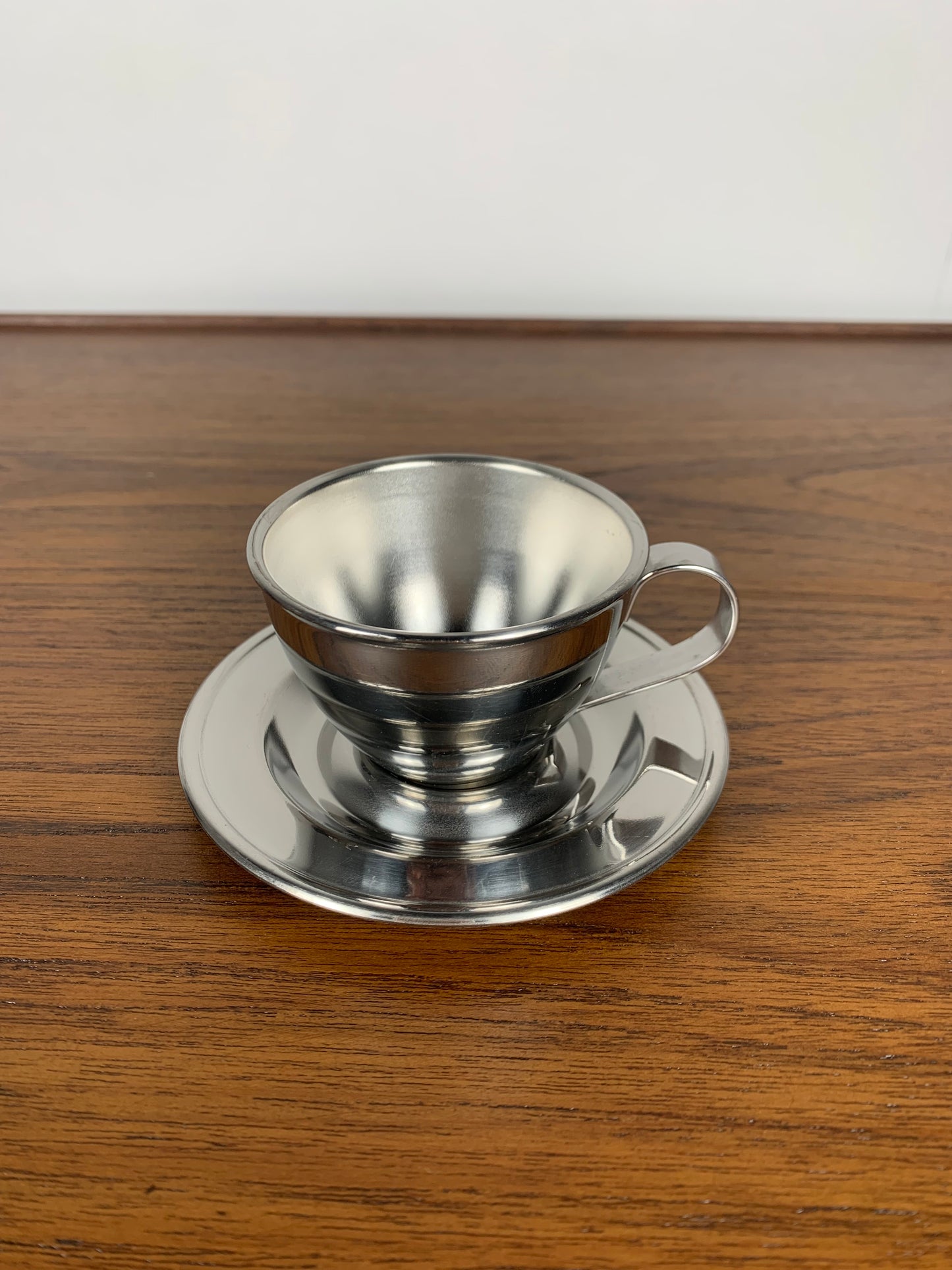 Set of 6 stainless steel coffee cups / saucers NPB Italy, 1980