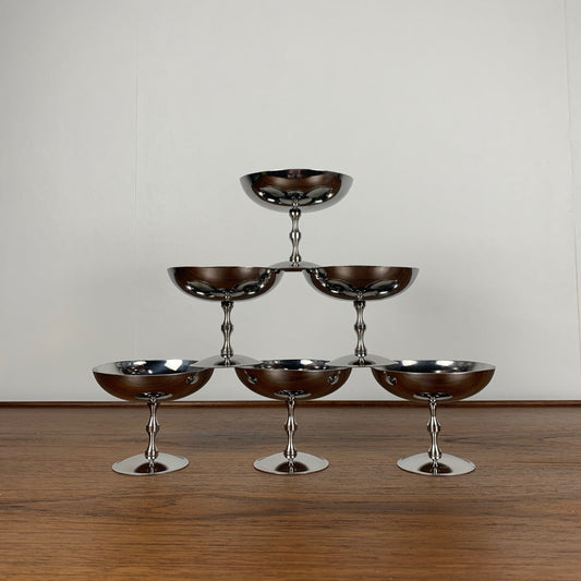 Set of 6 stainless steel ice cream/dessert cups, high foot, 1970