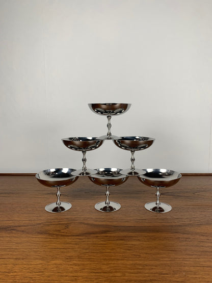 Set of 6 stainless steel ice cream/dessert cups, high foot, 1970