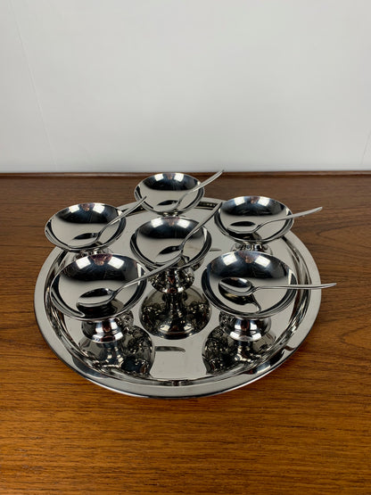 Set of 10 stainless steel ice cream cups with spoons and tray Guy Degrenne, 1970