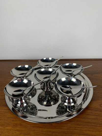 Set of 10 stainless steel ice cream cups with spoons and tray Guy Degrenne, 1970