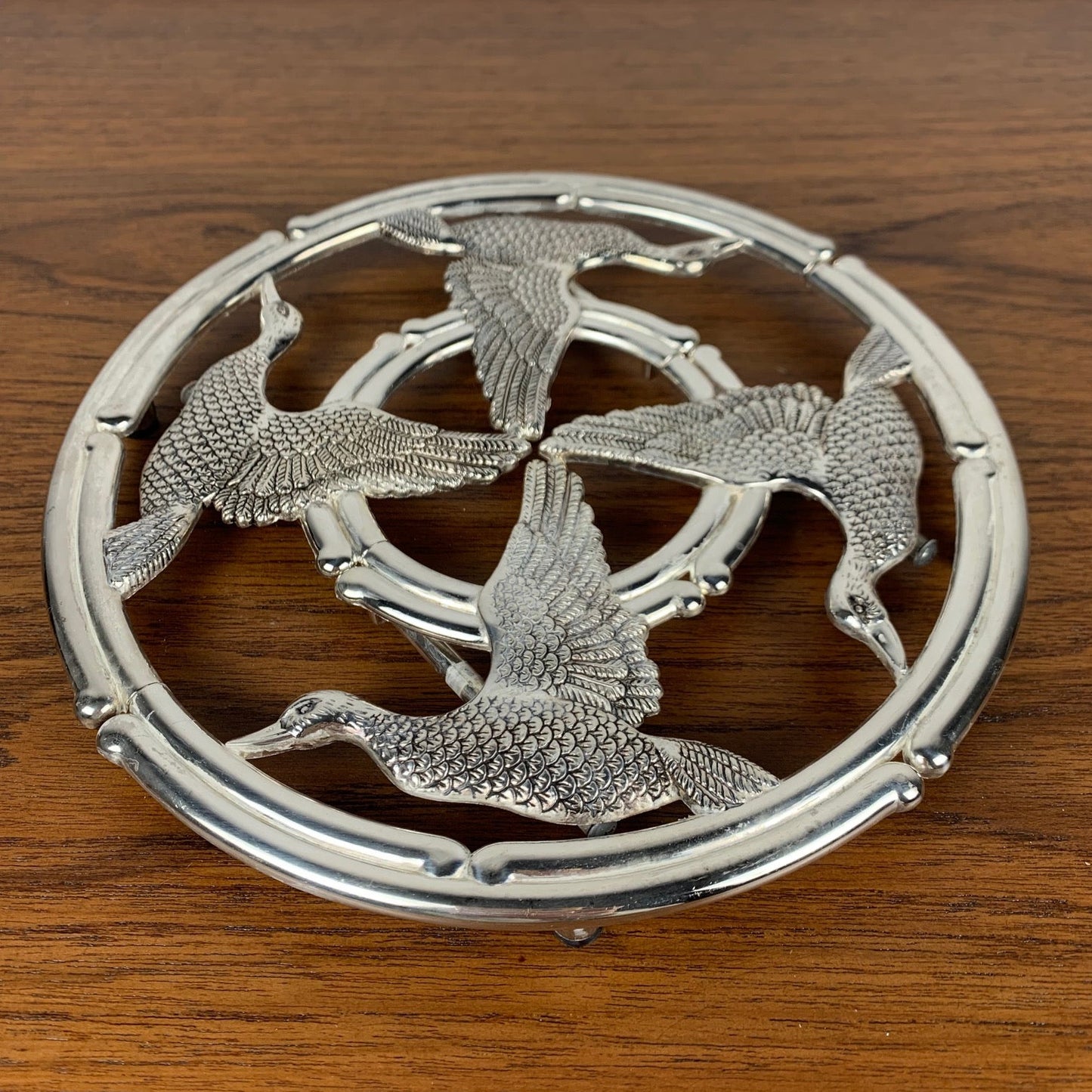 SILEA silver metal trivet, goose motif