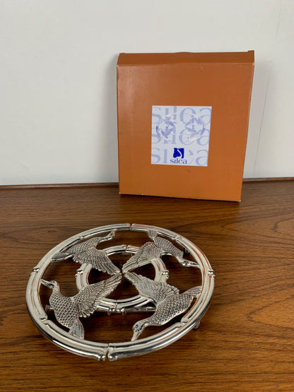 SILEA silver metal trivet, goose motif