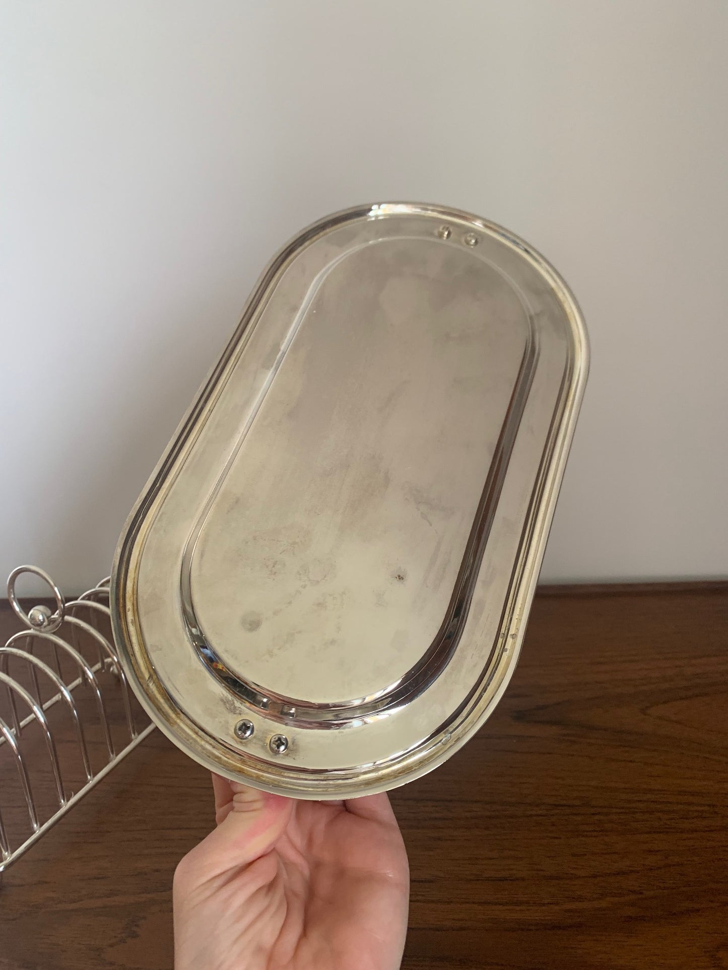 Silver metal toast rack with tray, 1970