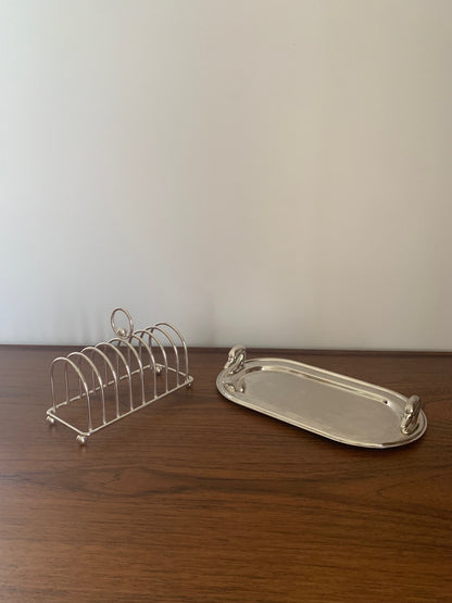 Silver metal toast rack with tray, 1970