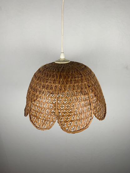 Flower-shaped pendant light, woven rattan, 1970