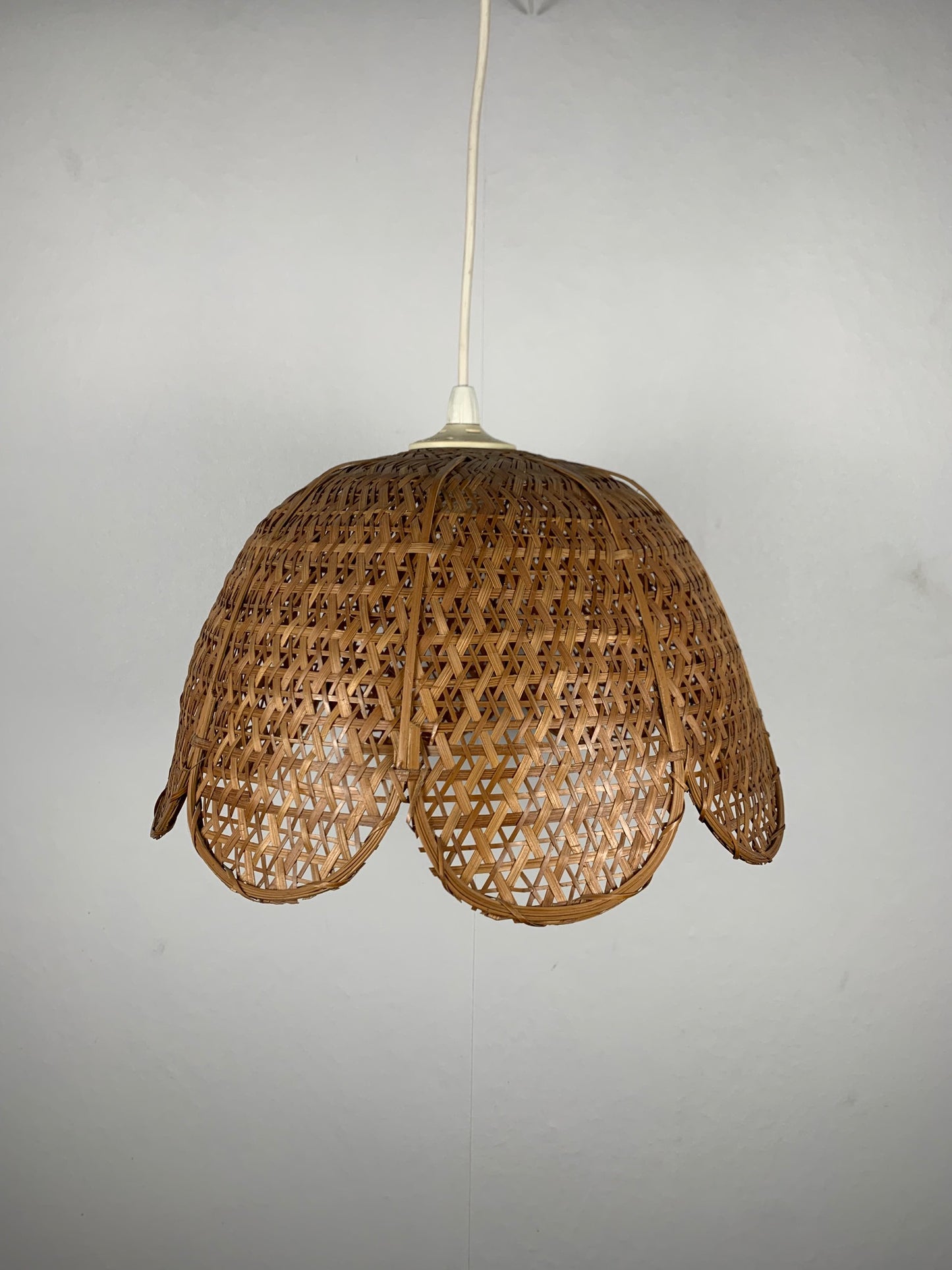 Flower-shaped pendant light, woven rattan, 1970