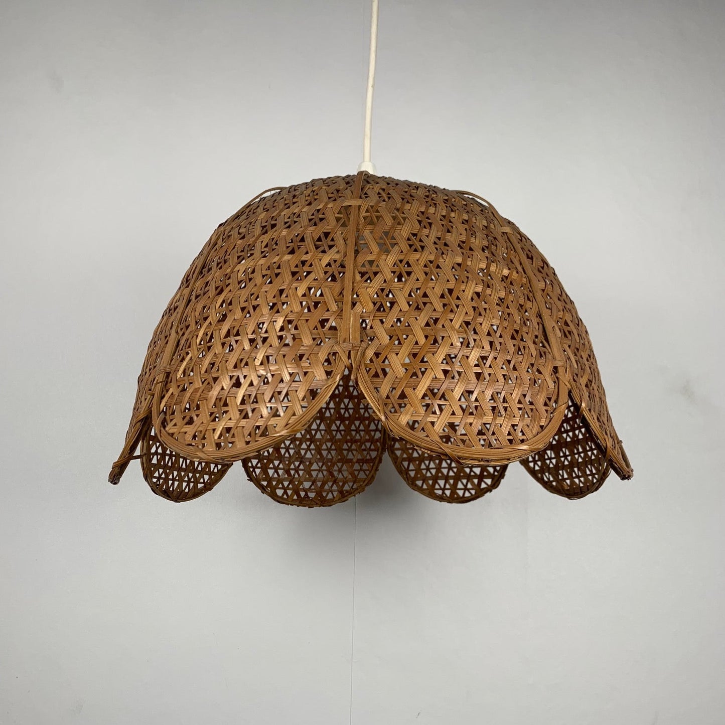 Flower-shaped pendant light, woven rattan, 1970