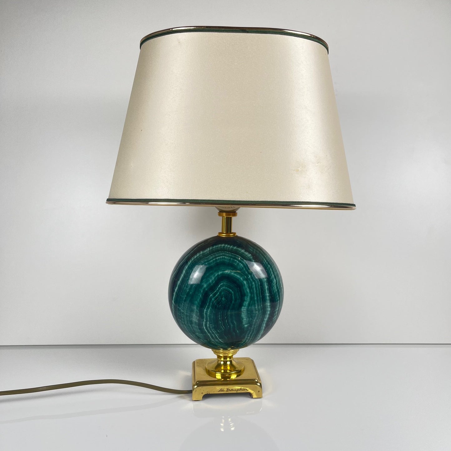 Table lamp by Maison Le Dauphin in brass and imitation green malachite, 1980