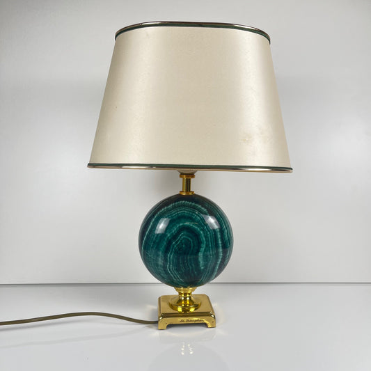 Lampe de table Maison Le Dauphin en laiton et imitation malachite verte, 1980
