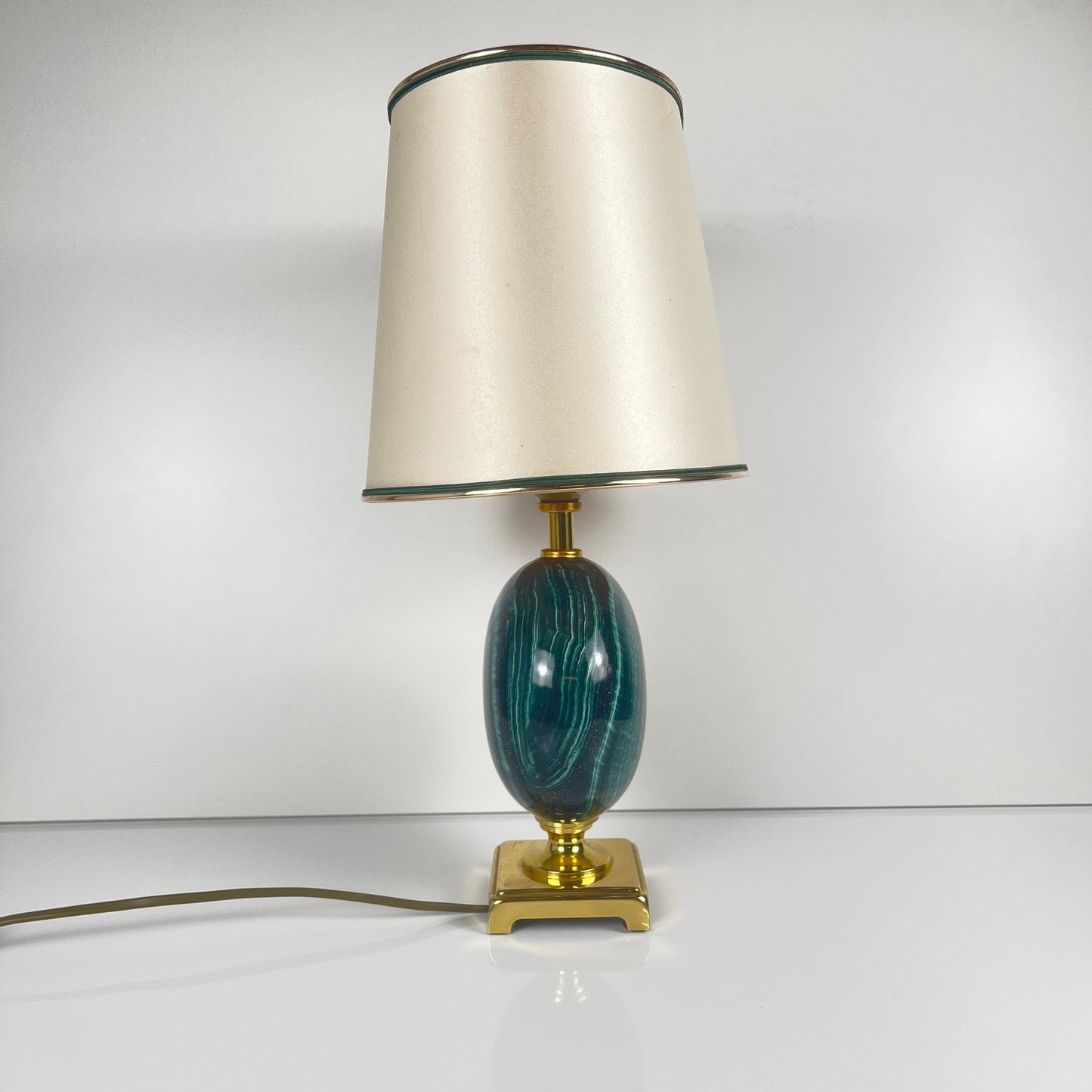 Table lamp by Maison Le Dauphin in brass and imitation green malachite, 1980