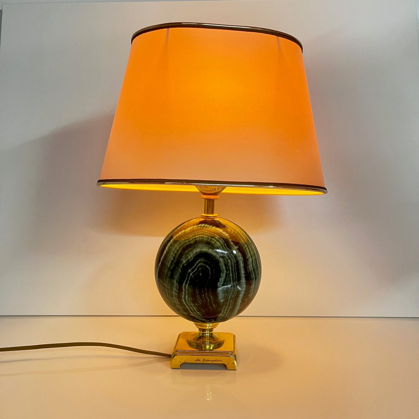 Table lamp by Maison Le Dauphin in brass and imitation green malachite, 1980