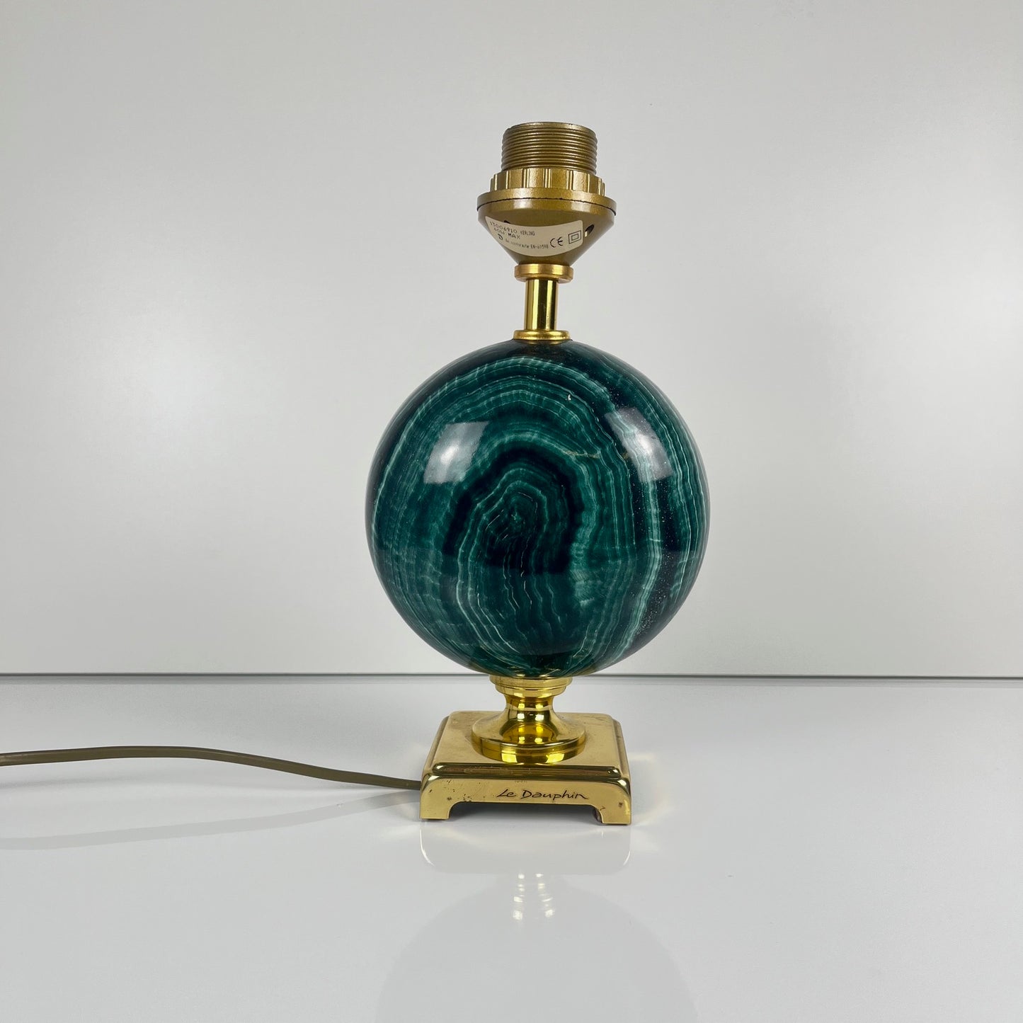 Table lamp by Maison Le Dauphin in brass and imitation green malachite, 1980