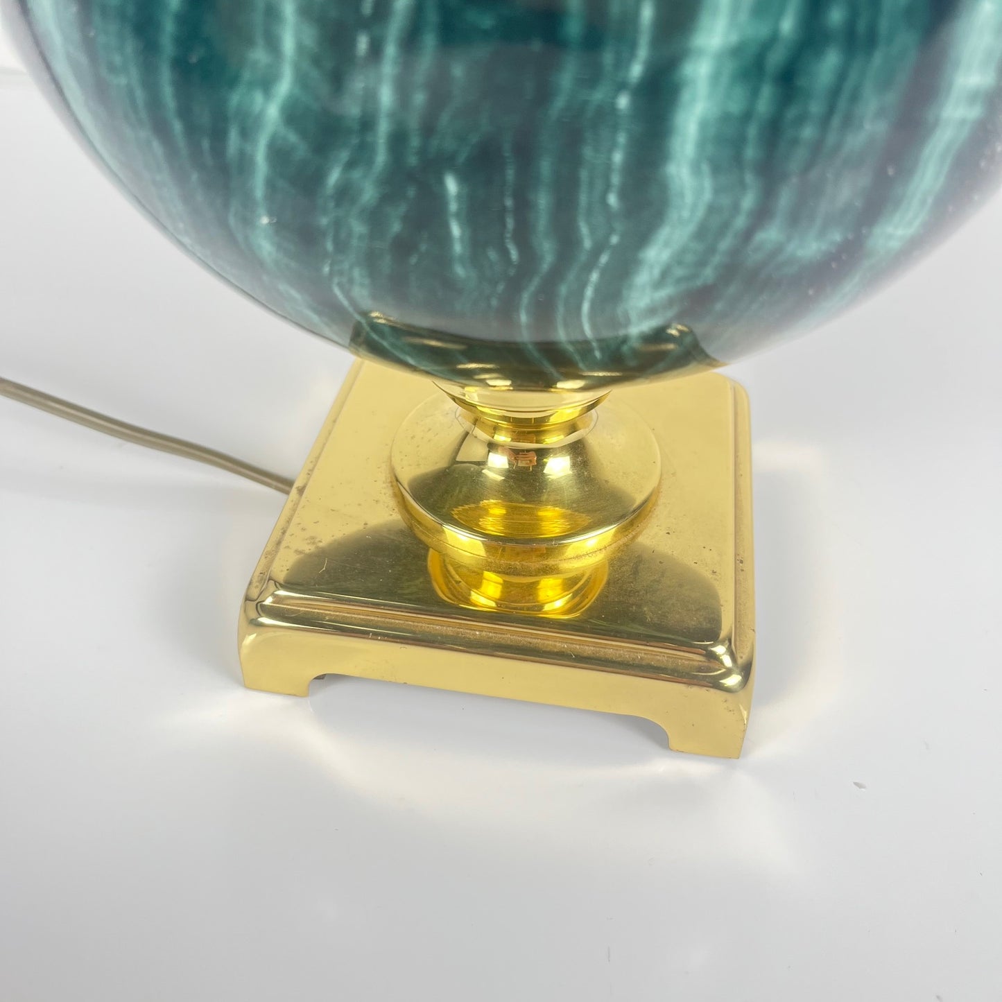 Table lamp by Maison Le Dauphin in brass and imitation green malachite, 1980