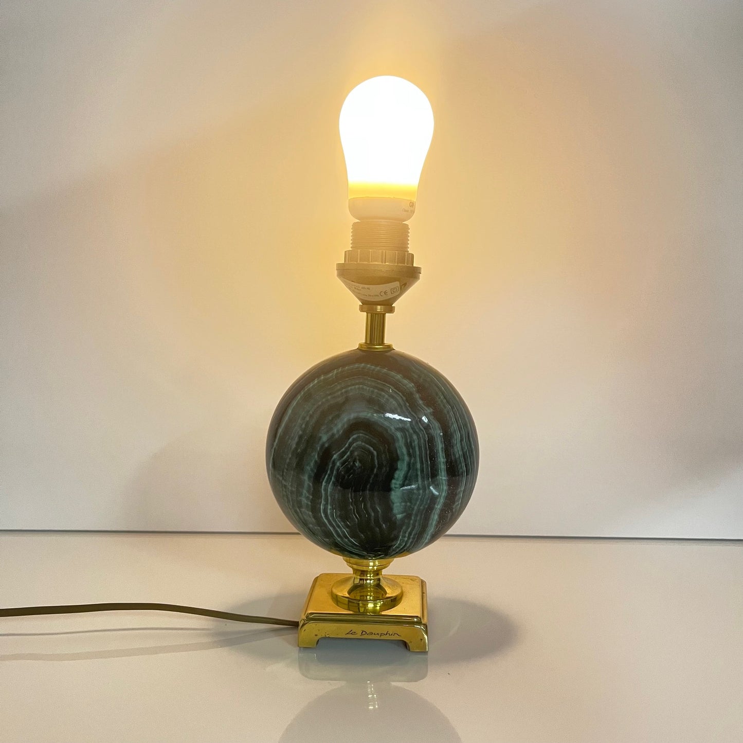 Table lamp by Maison Le Dauphin in brass and imitation green malachite, 1980