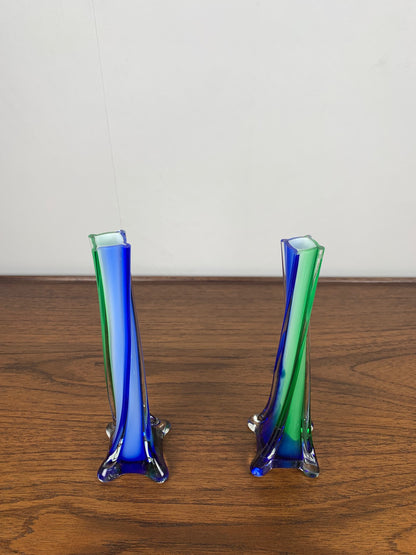 Duo de soliflore en verre soufflé , style Murano , vert & bleu