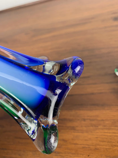 Duo de soliflore en verre soufflé , style Murano , vert & bleu