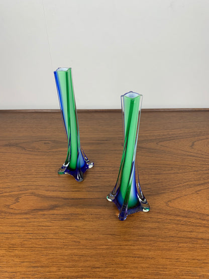 Duo de soliflore en verre soufflé , style Murano , vert & bleu