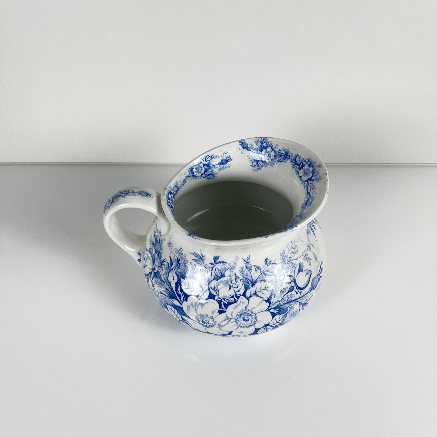 Chubby pitcher, antique KG Lunéville wash jug, blue with floral pattern, late 19th - early 20th century