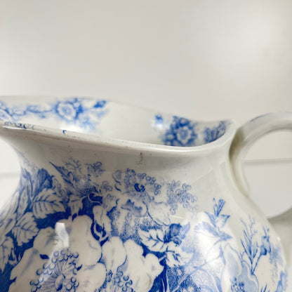 Chubby pitcher, antique KG Lunéville wash jug, blue with floral pattern, late 19th - early 20th century