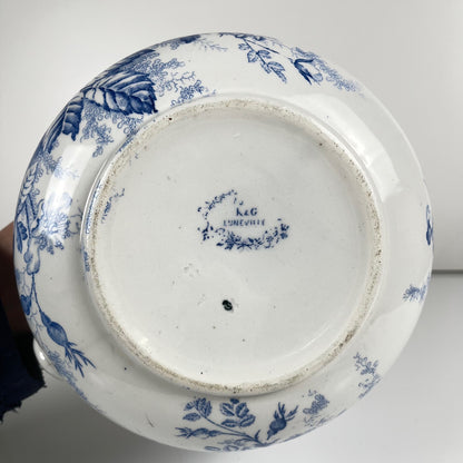 Chubby pitcher, antique KG Lunéville wash jug, blue with floral pattern, late 19th - early 20th century