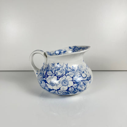 Chubby pitcher, antique KG Lunéville wash jug, blue with floral pattern, late 19th - early 20th century