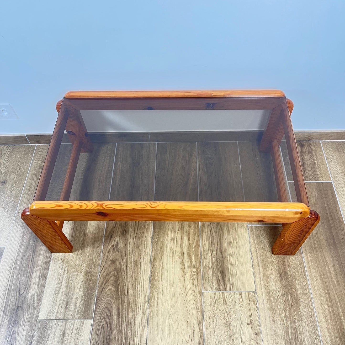 Coffee table in pine with a smoked glass top, 1970/80