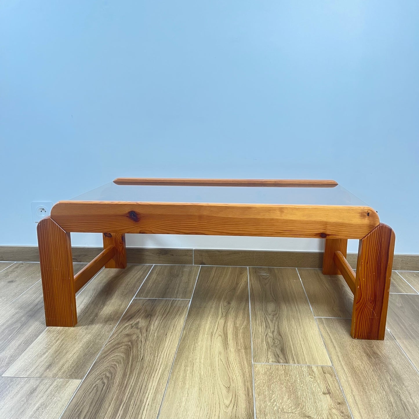 Coffee table in pine with a smoked glass top, 1970/80