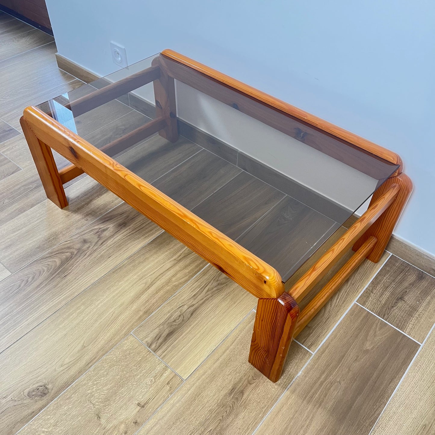 Coffee table in pine with a smoked glass top, 1970/80
