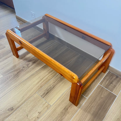 Coffee table in pine with a smoked glass top, 1970/80