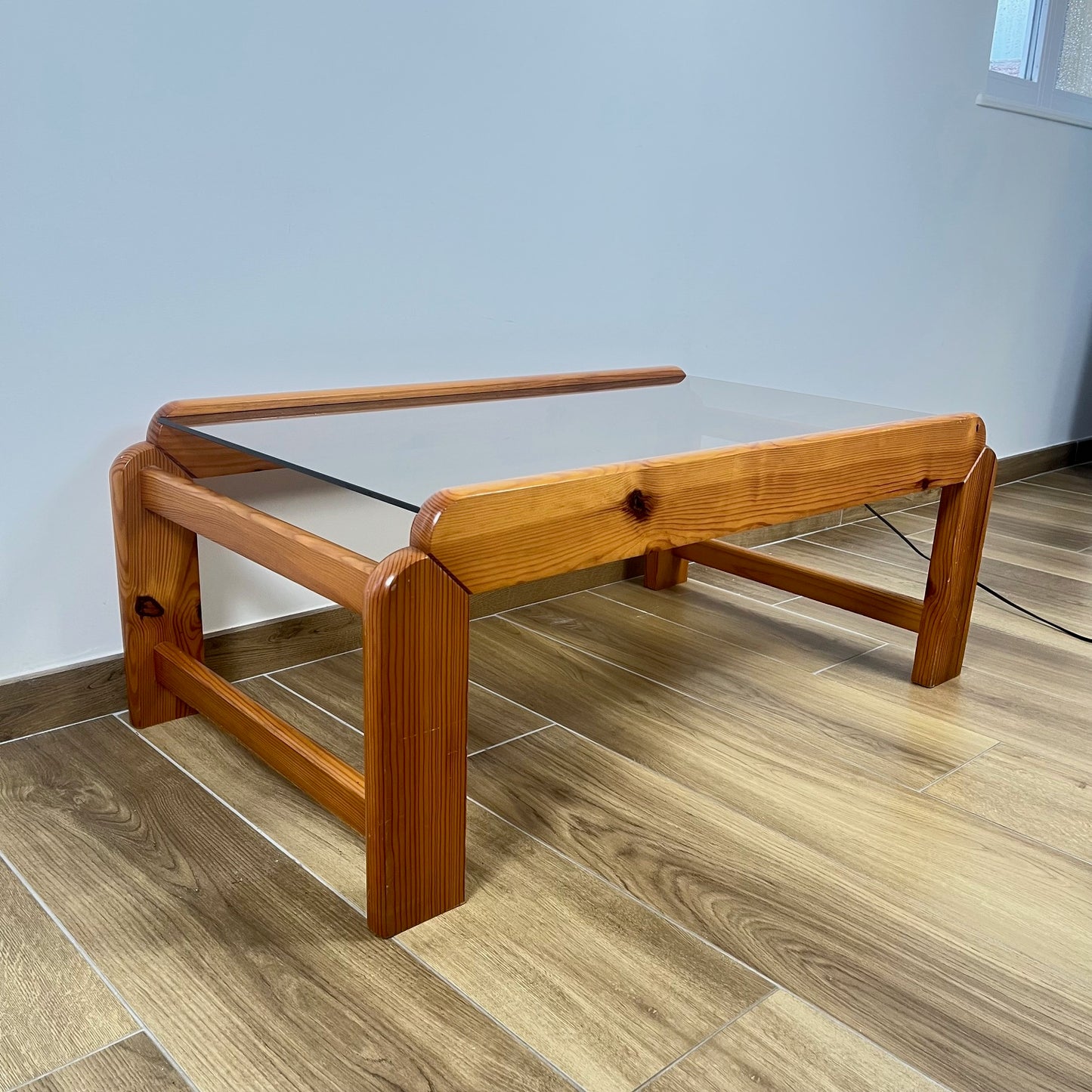 Coffee table in pine with a smoked glass top, 1970/80