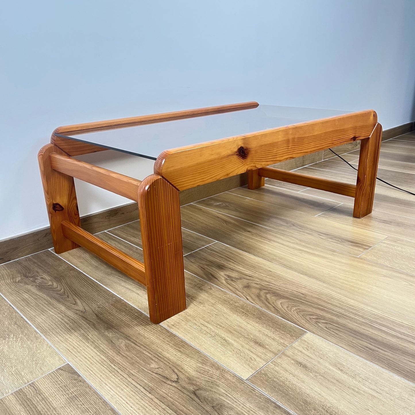 Coffee table in pine with a smoked glass top, 1970/80
