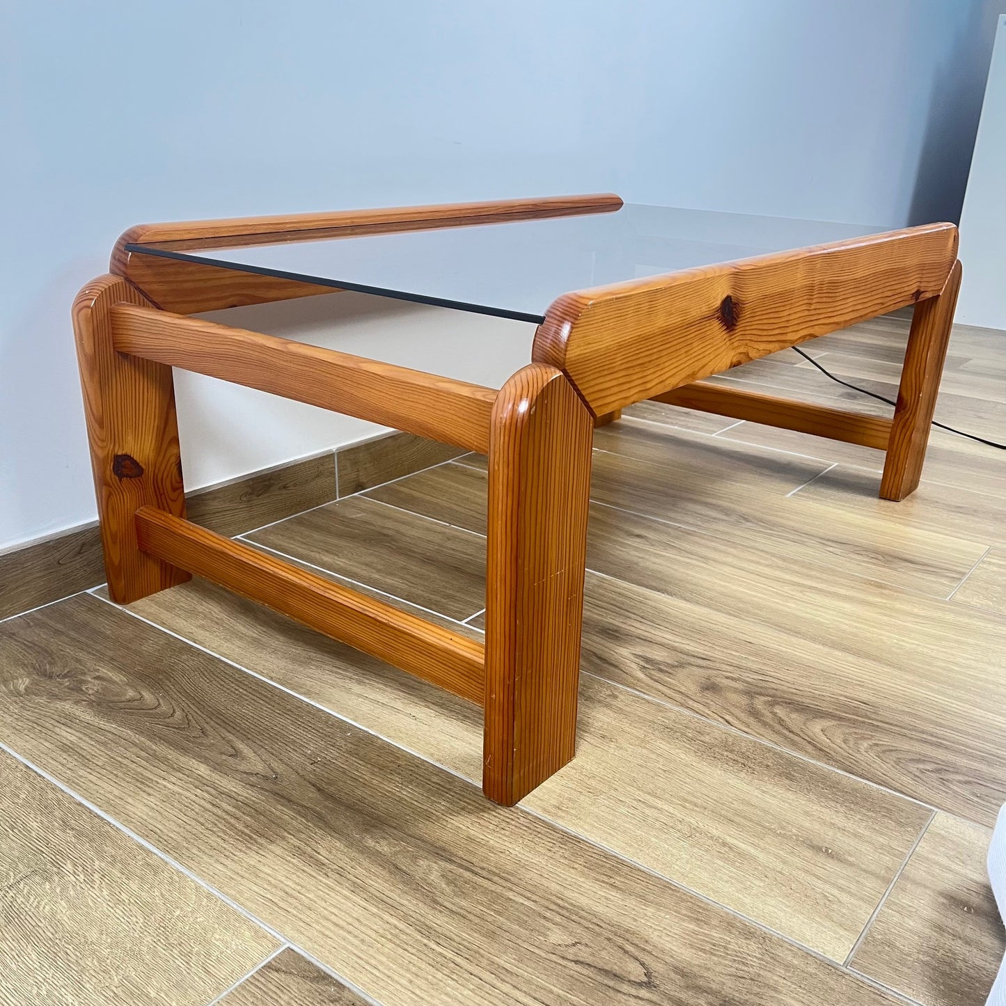 Coffee table in pine with a smoked glass top, 1970/80