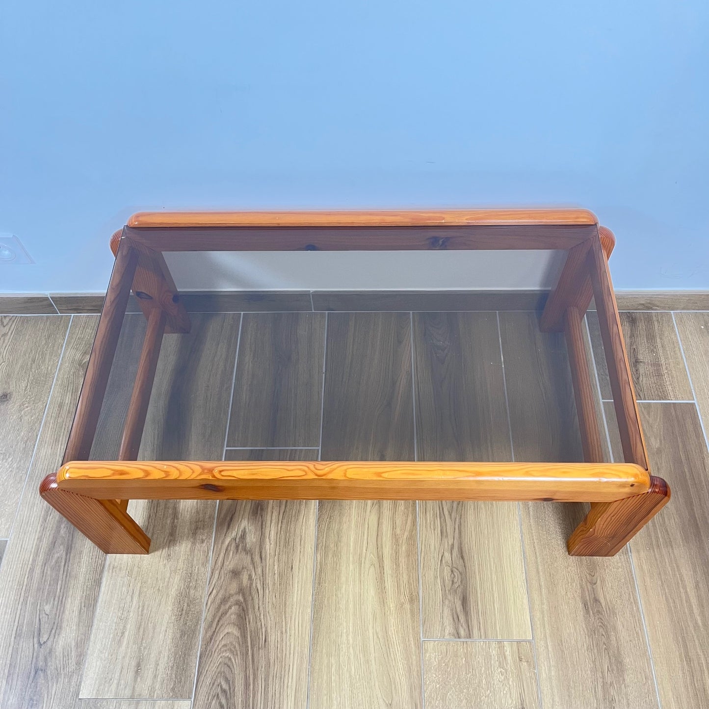 Coffee table in pine with a smoked glass top, 1970/80