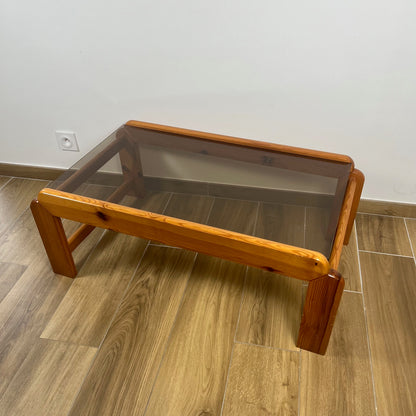 Coffee table in pine with a smoked glass top, 1970/80