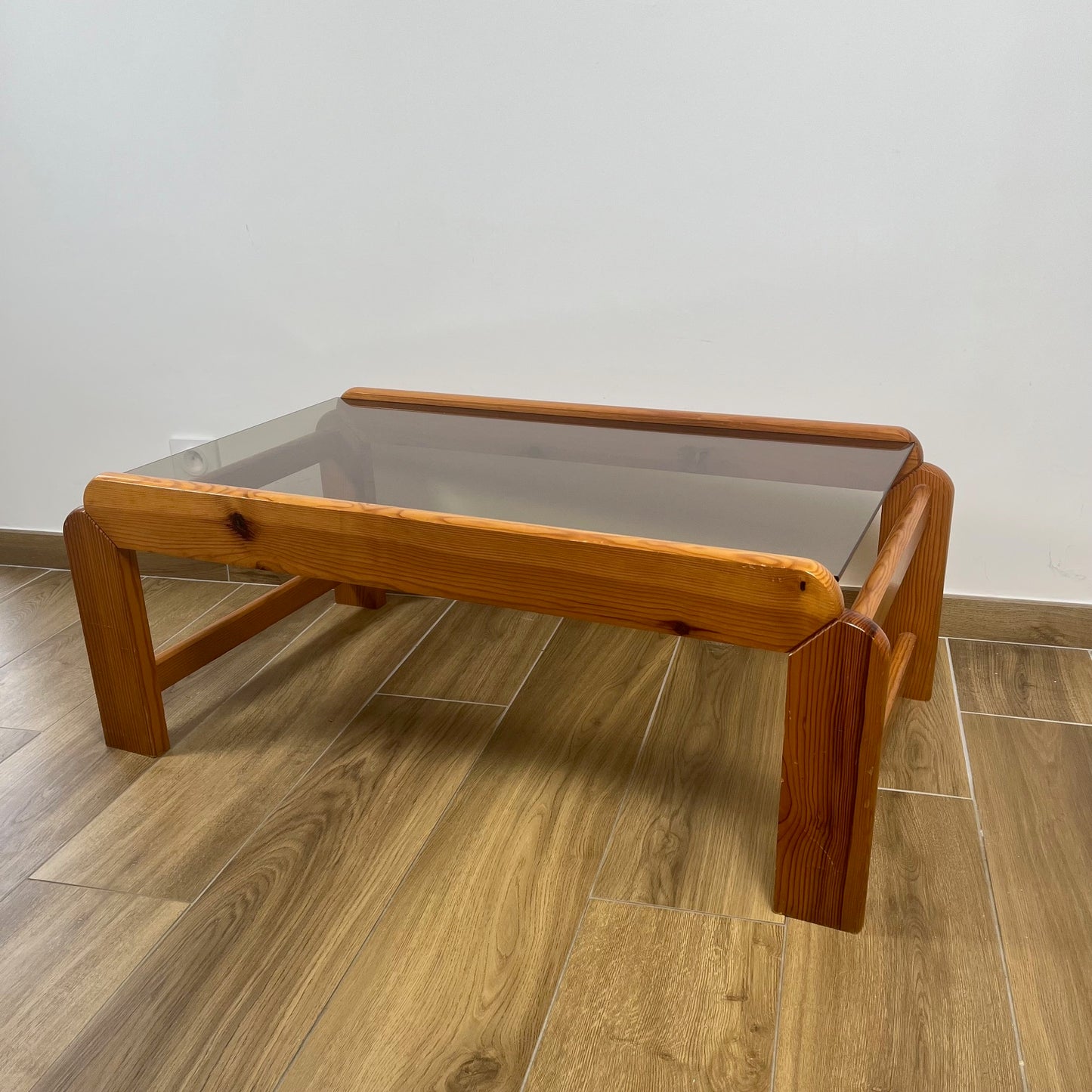 Coffee table in pine with a smoked glass top, 1970/80