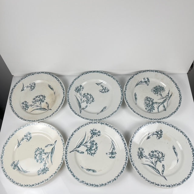 Lot de 6 assiettes plates modèle "Oeillet", KG Lunéville, terre de fer, XIXème siècle