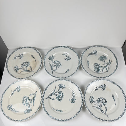 Lot de 6 assiettes plates modèle "Oeillet", KG Lunéville, terre de fer, XIXème siècle