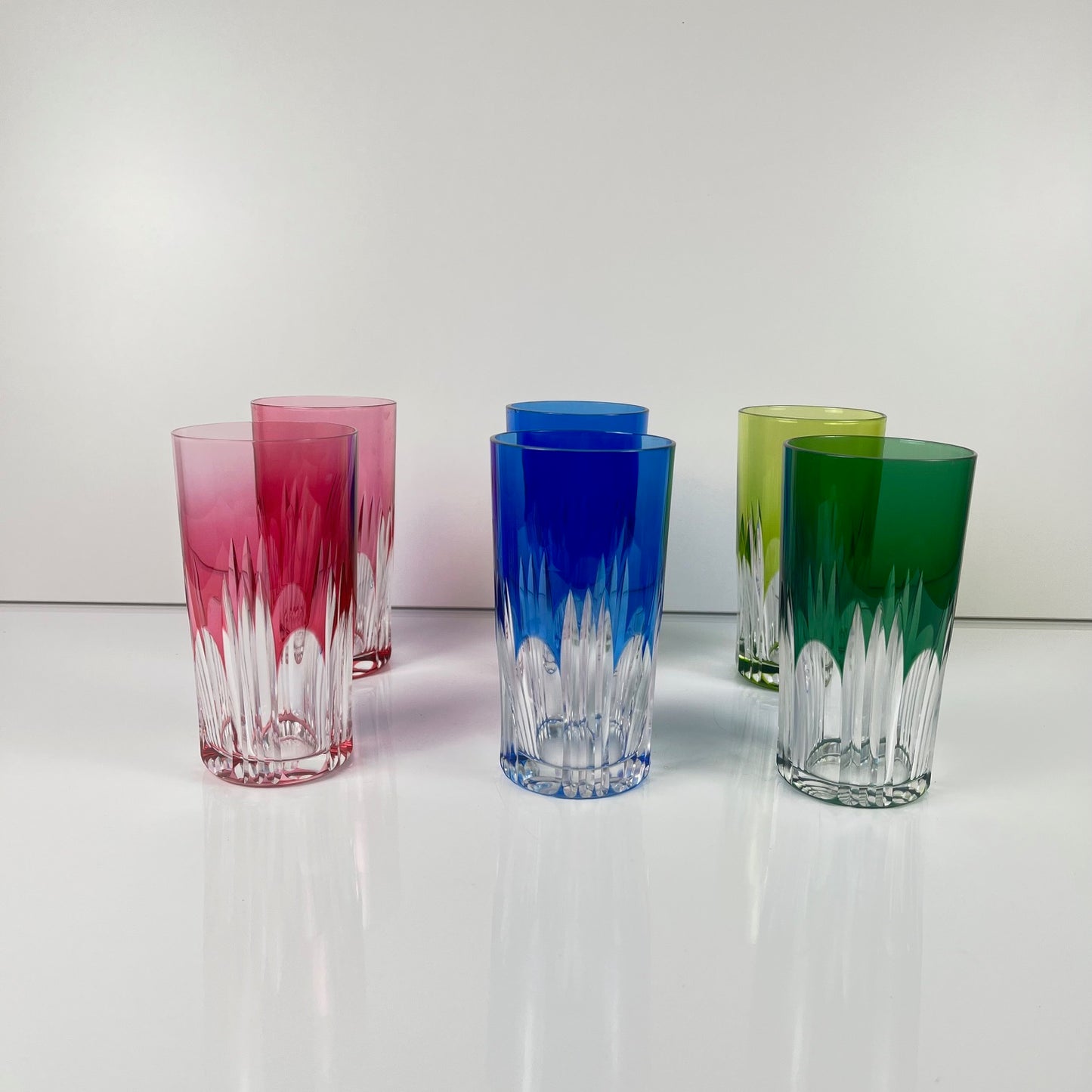 Lot de 6 verres Long drink en cristal doublé coloré , Années 1970, Europe de l'Est