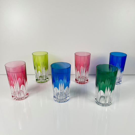 Lot de 6 verres Long drink en cristal doublé coloré , Années 1970, Europe de l'Est