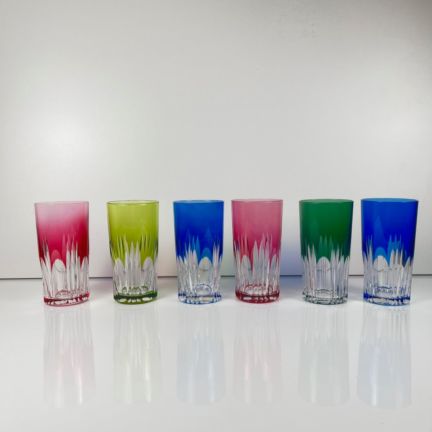 Lot de 6 verres Long drink en cristal doublé coloré , Années 1970, Europe de l'Est