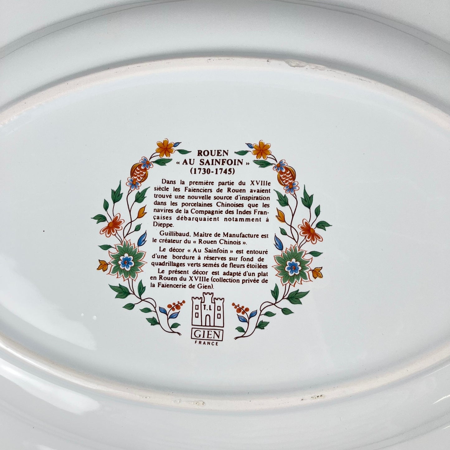 Grand plat ovale Gien modèle Rouen Sainfoin, 1990