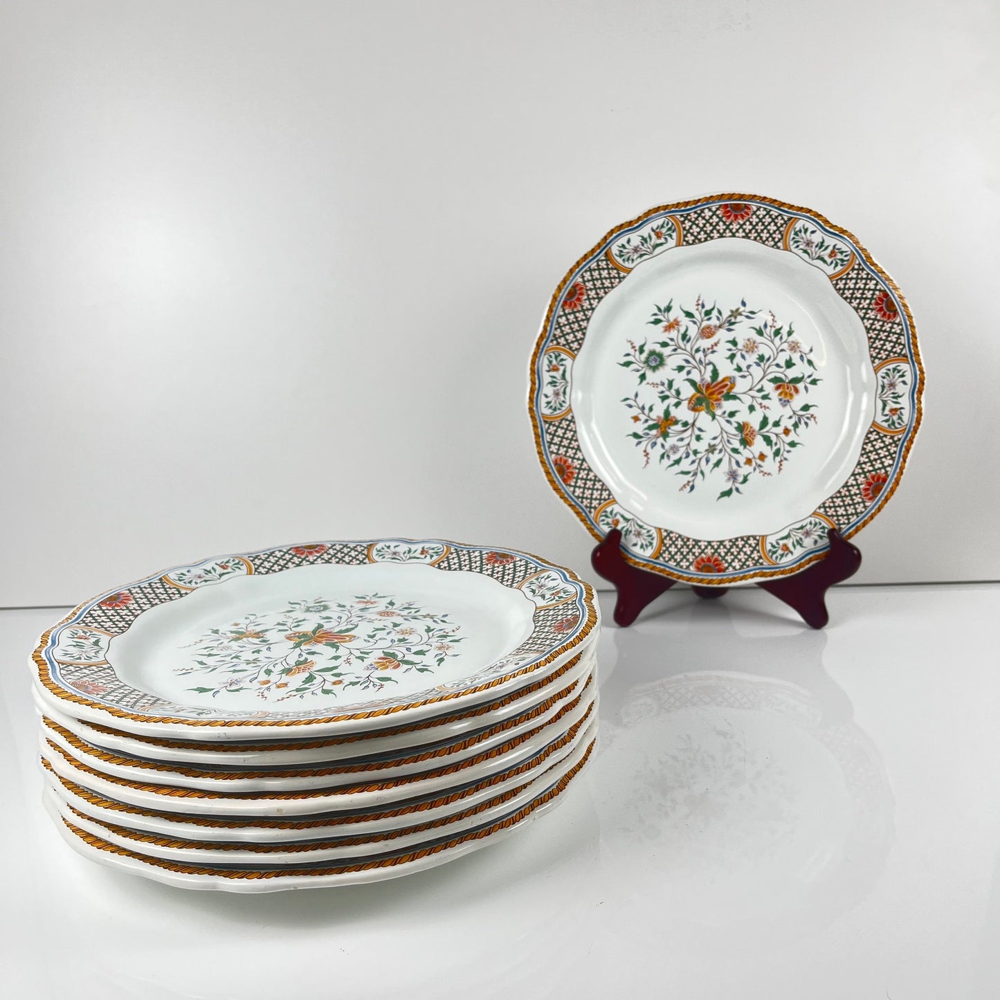 Lot de 8 assiettes plates  Gien modèle Rouen Sainfoin, 1990