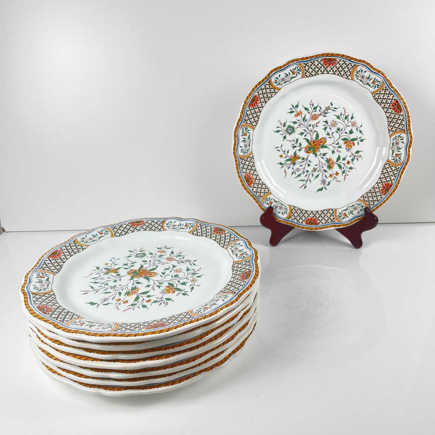 Lot de 8 assiettes plates  Gien modèle Rouen Sainfoin, 1990