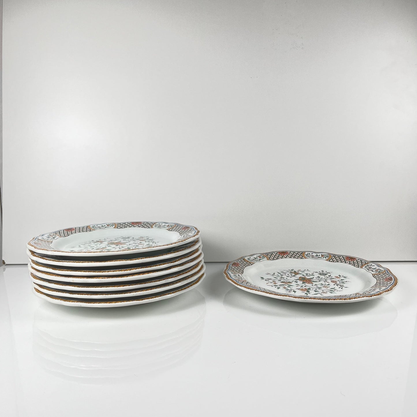 Lot de 8 assiettes plates  Gien modèle Rouen Sainfoin, 1990