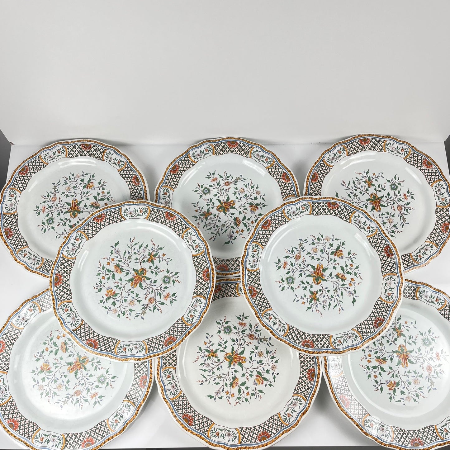 Lot de 8 assiettes plates  Gien modèle Rouen Sainfoin, 1990