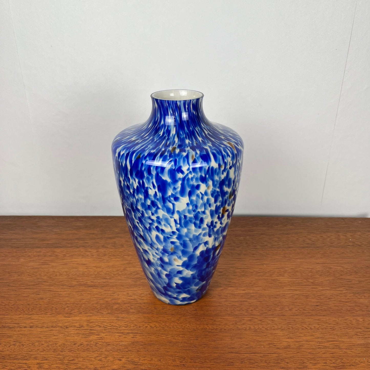 Blown glass vase with cobalt blue and white speckled effect