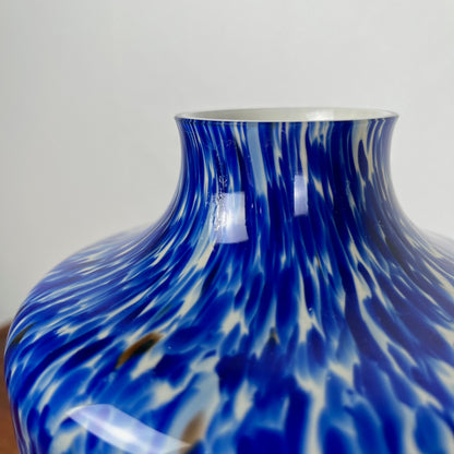 Blown glass vase with cobalt blue and white speckled effect