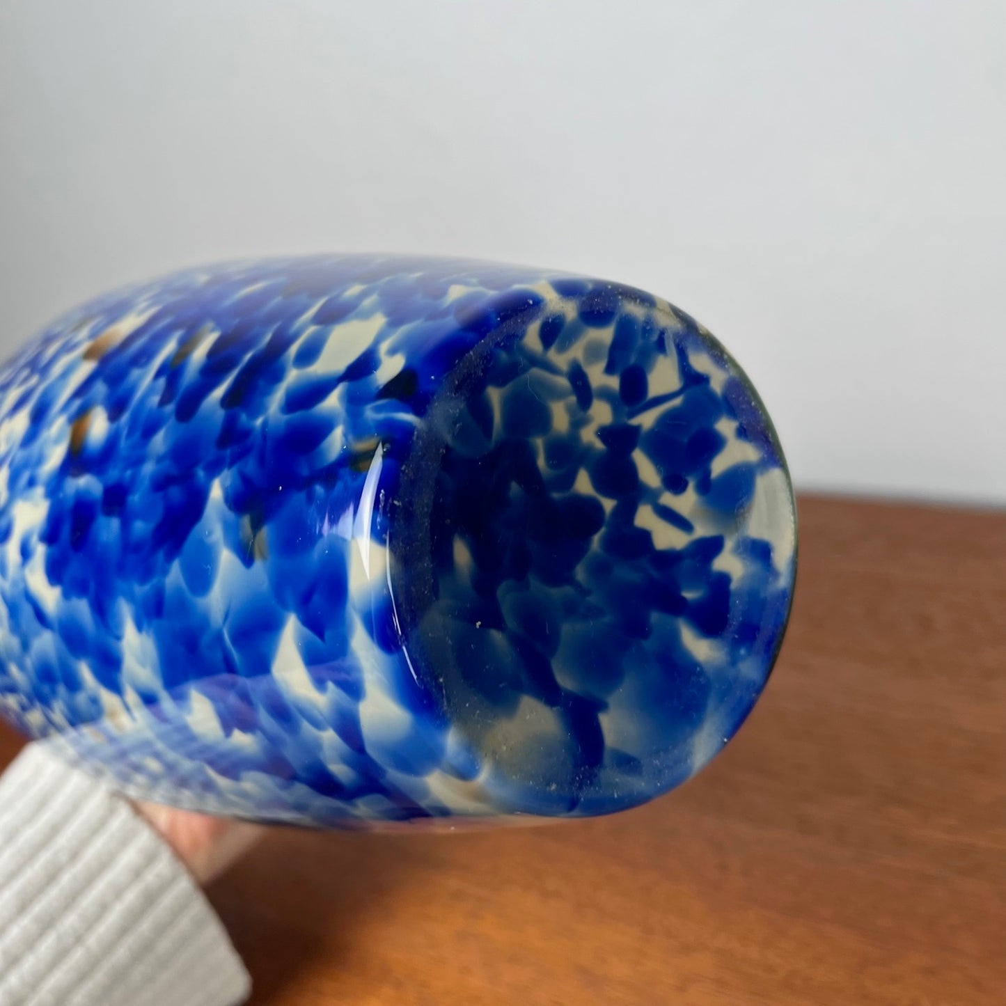 Blown glass vase with cobalt blue and white speckled effect